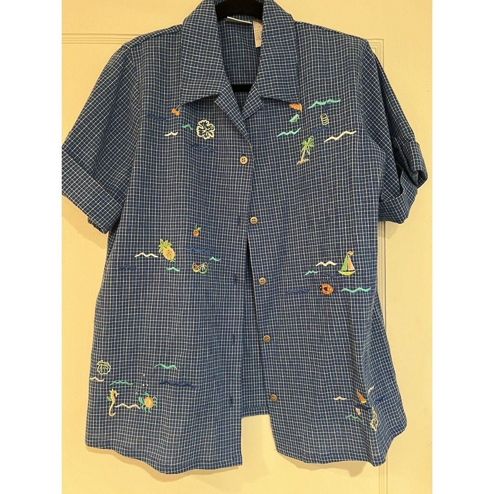 Vintage Vacation Beach Print Button Up Size Small Koret Francisca Short Sleeve